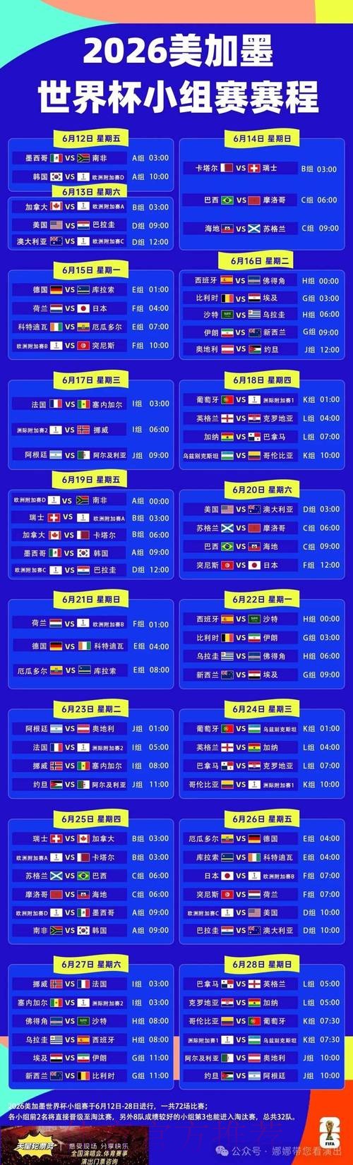 2026世界杯每日赛程完整版比赛时间表免费观看